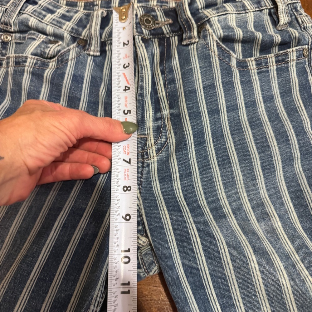 Rock & Roll Denim Pin Striped Flare Leg Raw Hem Denim Jeans 25x32 Western/Y2k - Picture 2 of 9